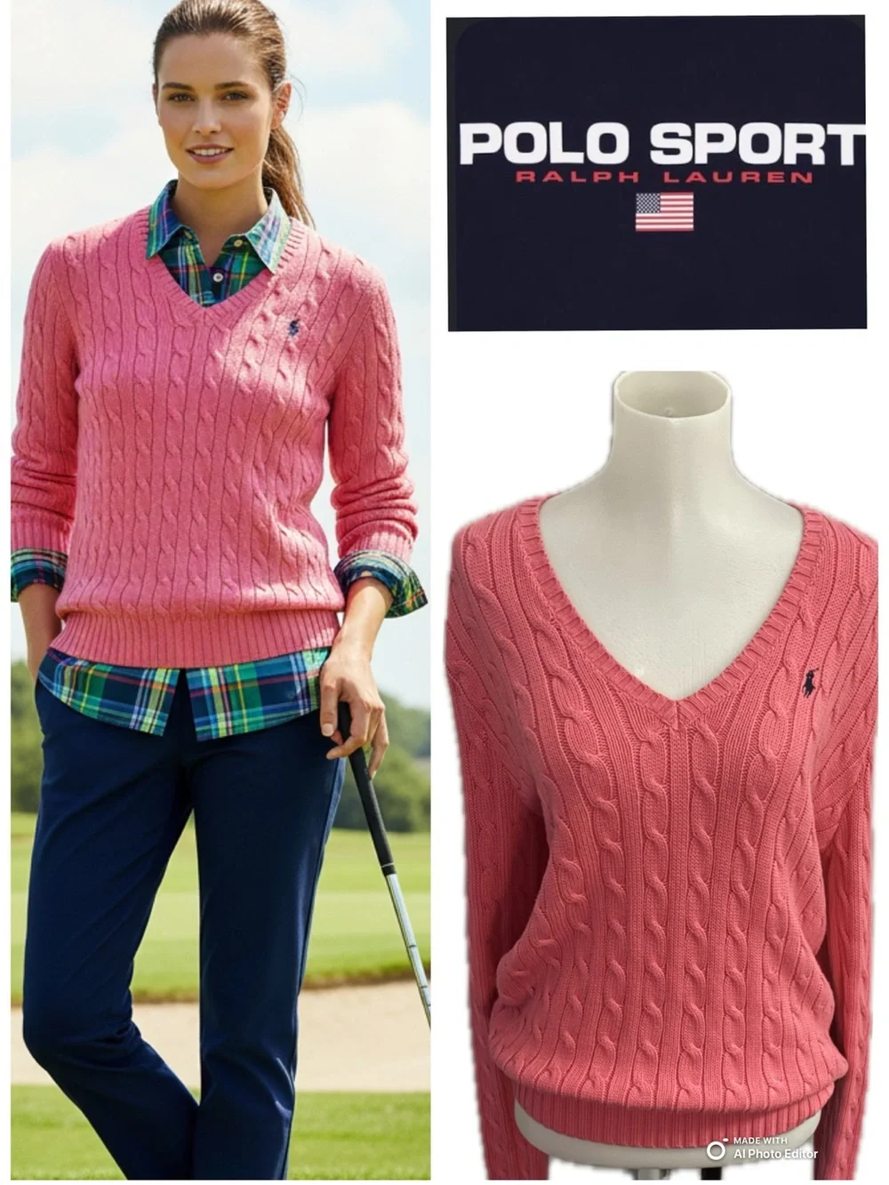 VTG Ralph Lauren Sport Hot Pink Cable Knit V-Neck Sweater XL